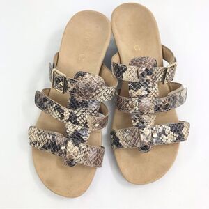 Vionic Radia Brown Tan Faux Snakeskin Triple Strap Wedge Slide Orthotic Sandals